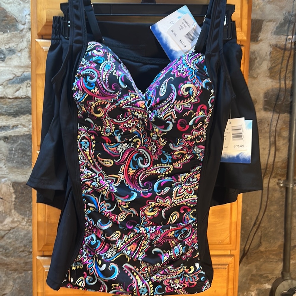 New American Beach Black Multi Design Short Set Swim Suit - Picture 2 of 4